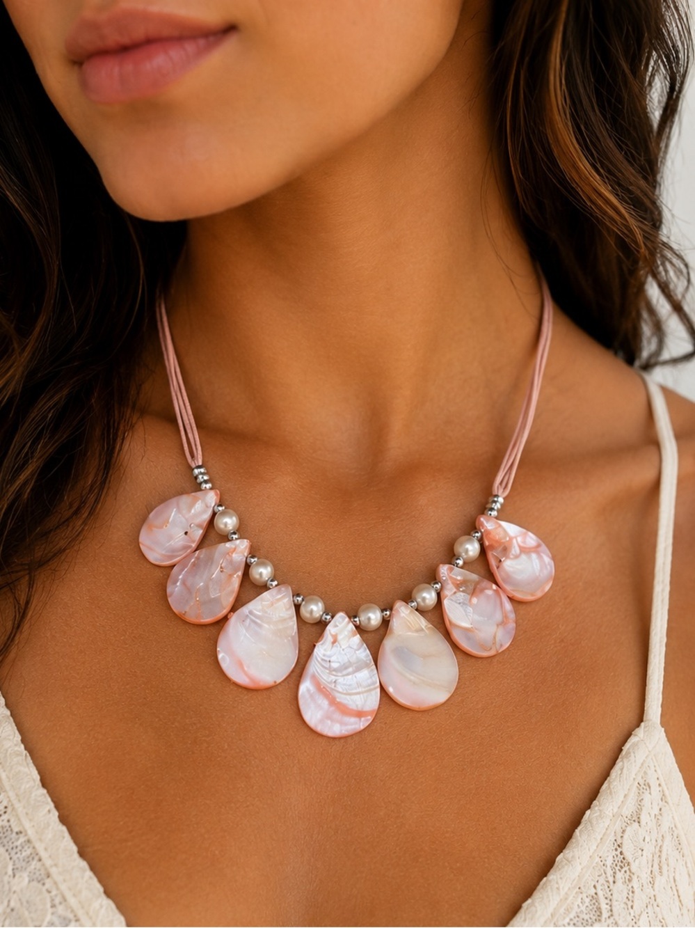 Vintage Inspired Pink Mother of Pearl Shell Necklace